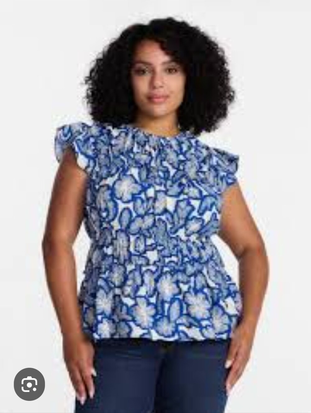 Time and Tru Blue Floral Ruffle-Sleeve Smocked Waist Top